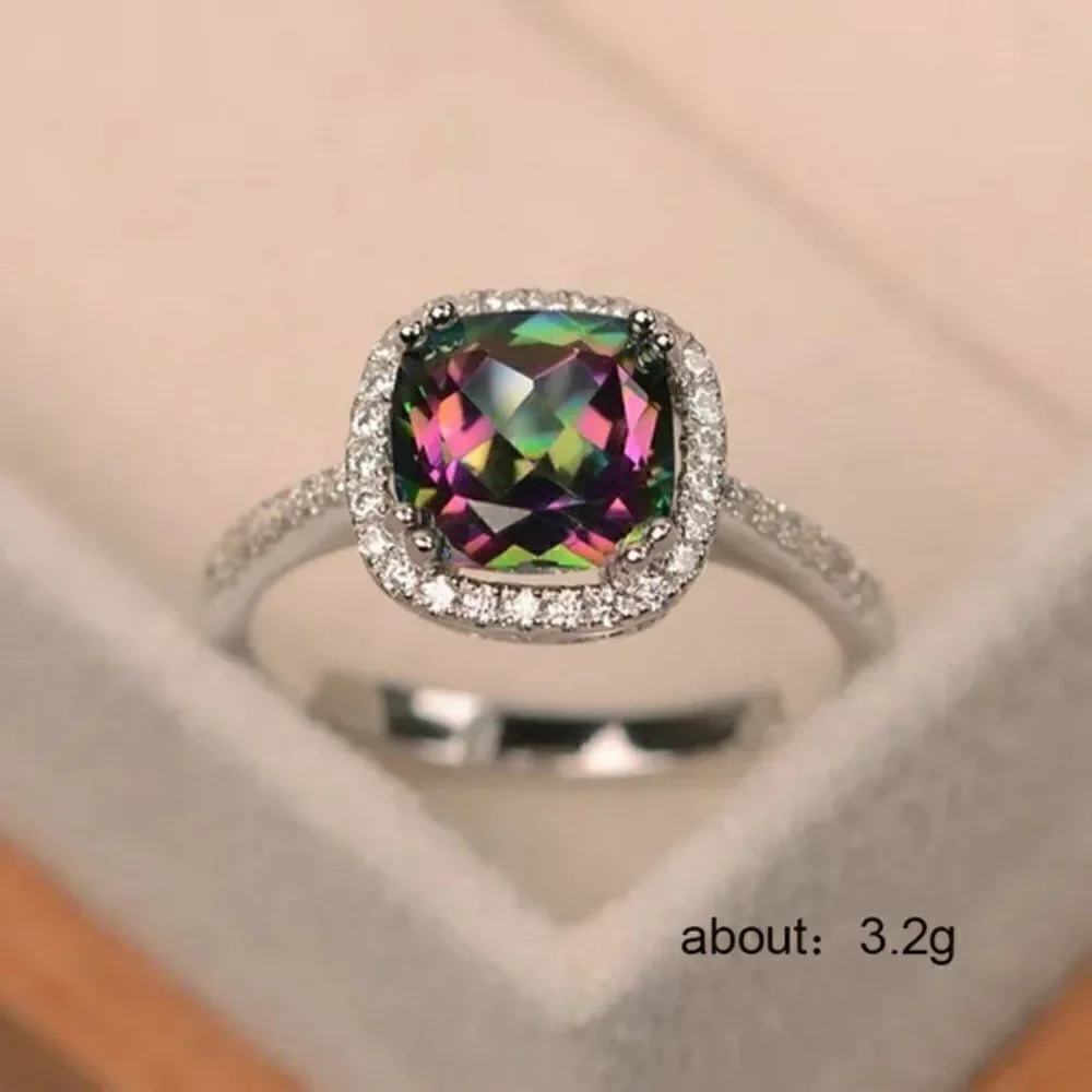 Sterling Silver Rainbow Topaz Diamond Halo Ring